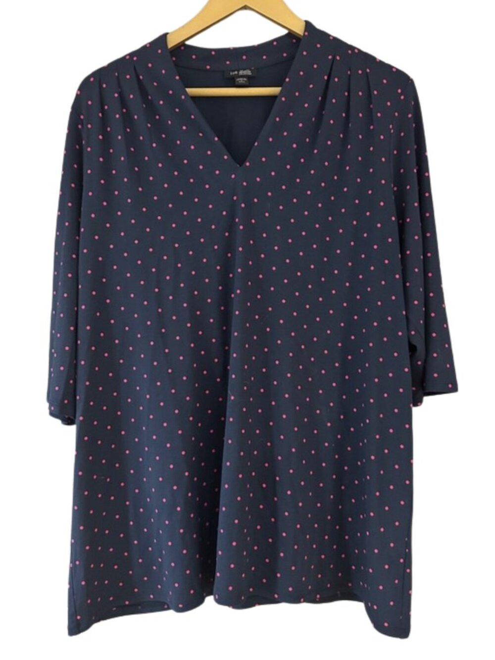 J.Jill Wearever Navy Blue Tunic Pink Polka Dot V-Neck 3/4 Sleeve
